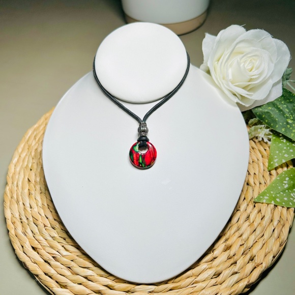Artisan made Enameled Wooden Pendant Choker Necklace - Picture 4 of 9